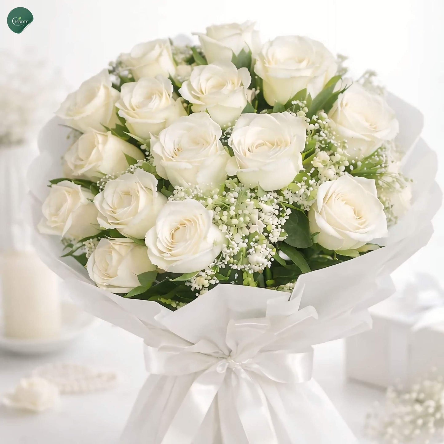Luxury fresh white rose bouquet with premium floral wrapping Dubai