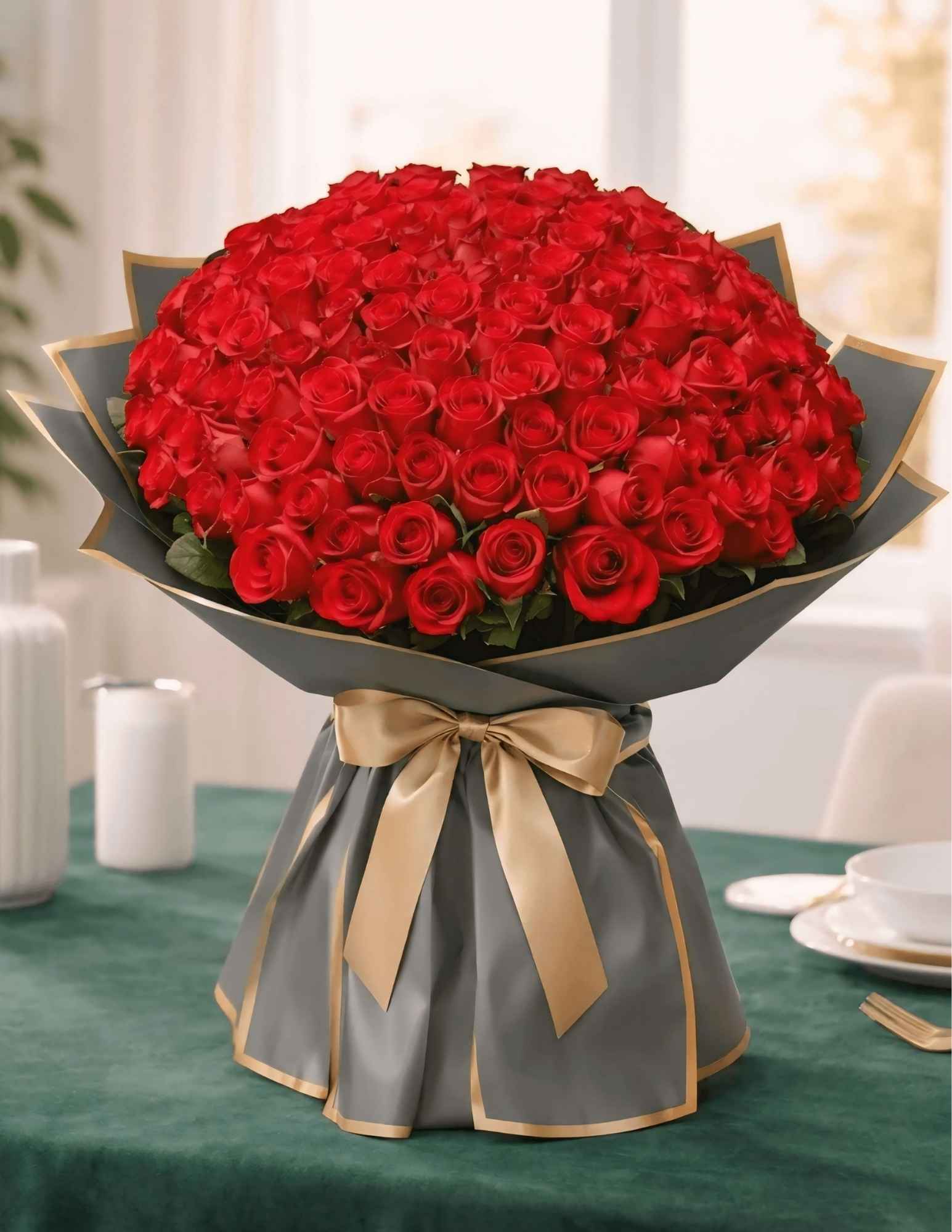 Luxury bouquet of 75 premium fresh red roses with elegant black and gold wrapping by CPlants Dubai UAE.