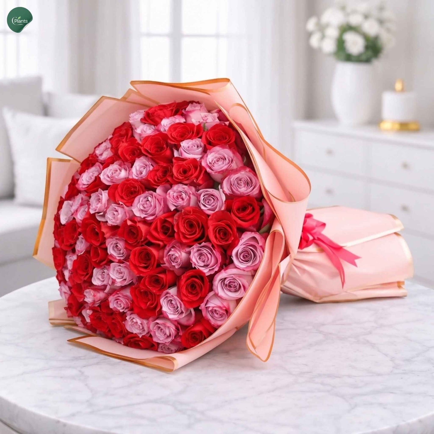 Grand 101 Stem Rose Arrangement with blush pink and crimson red roses by CPlants UAE 