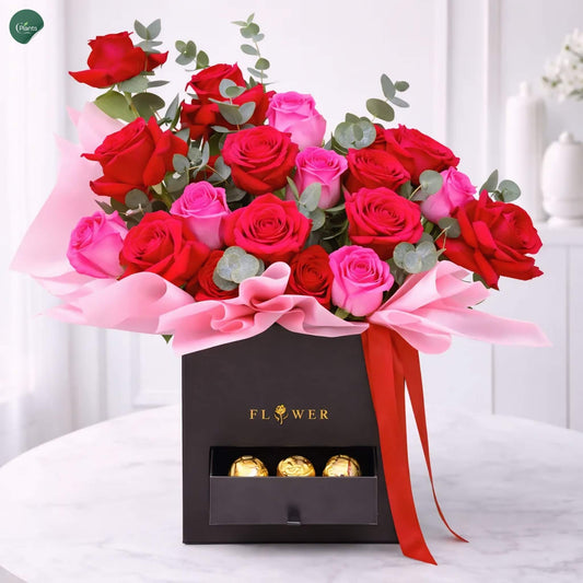 Mixed Red & Pink Rose Box Gift Set with Chocolate Drawer UAE