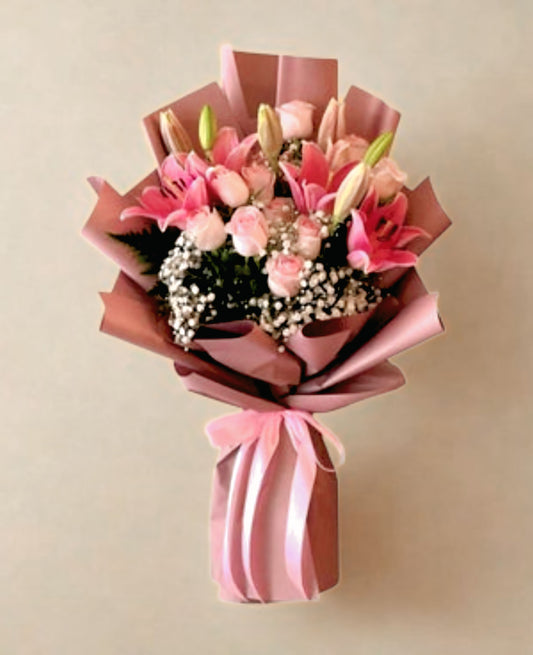 pink flower and roses bouquet with white flowers. Order lilies flower bouquet in Dubai, Abu Dhabi